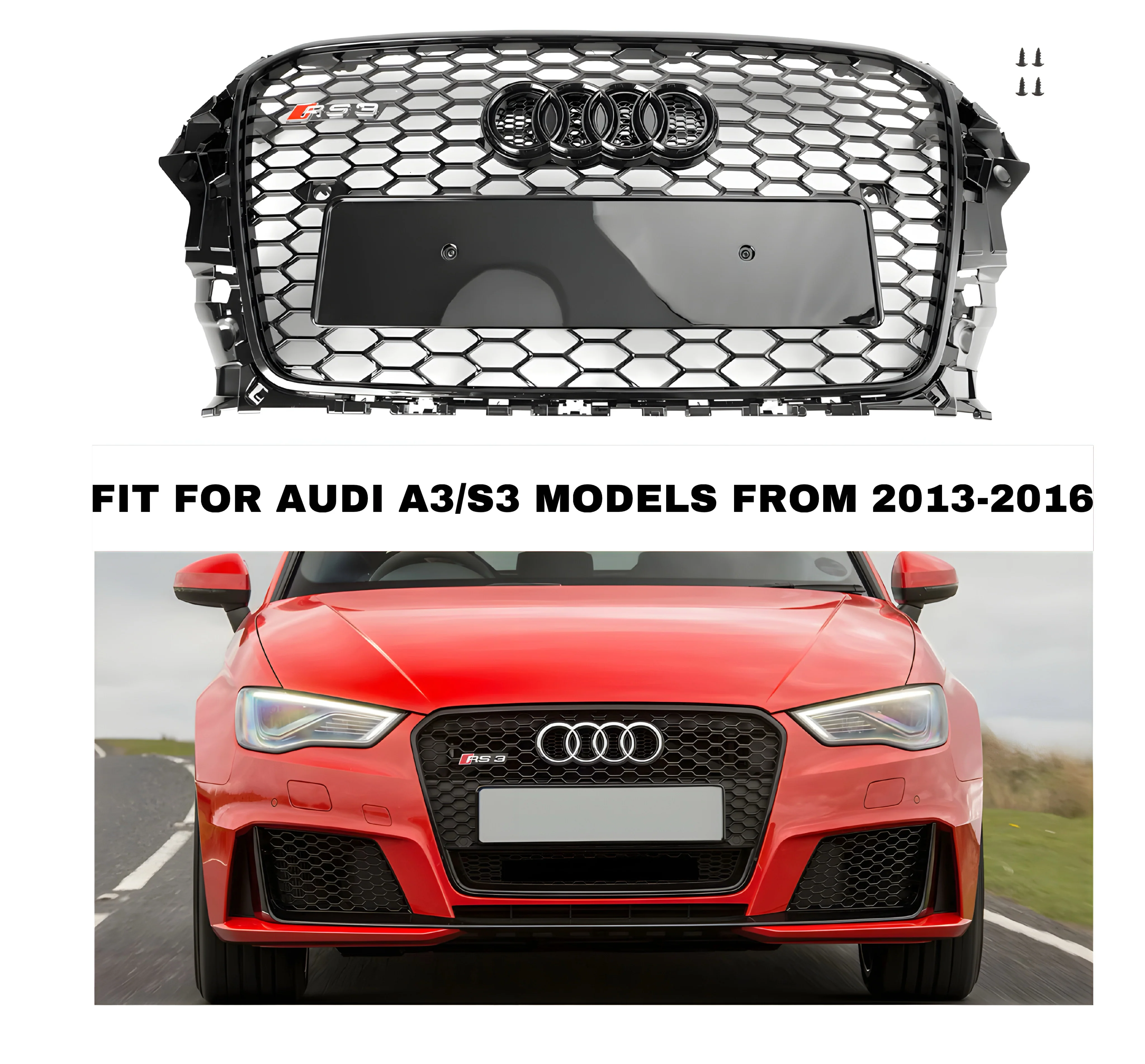 Audi A3/S3 8V RS3 Style Honeycomb Front Grille Gloss Black - Image 3